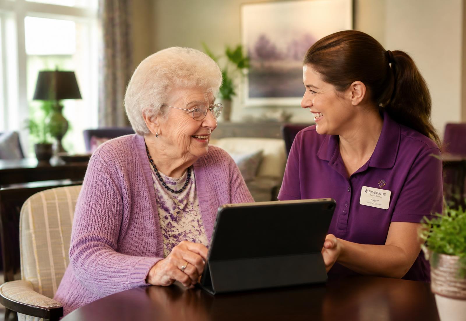 A resident and a care team member reviewing the week's activities together